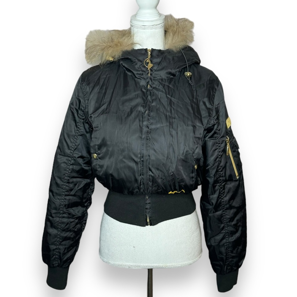 Baby Phat Vintage Y2K Cropped Puffer Bomber Jacket Black Yellow Fur Trimmed Hood